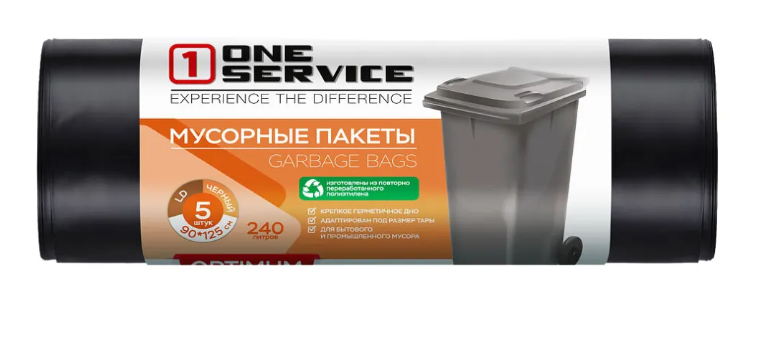 One Service Пакеты для мусора Optimum 34 мкм LD 90*125 см 240 л 5 шт черные (20 шт/ящ)